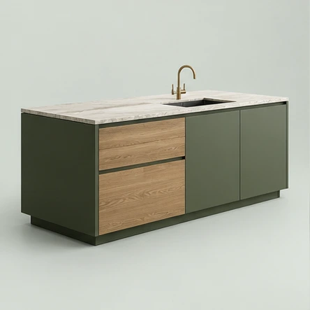 Atelier Kitchen Island in forest finish, oak-tone cabinetry